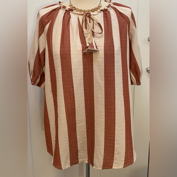 NEW! Sz MED Stripe Brown & Cream Tassel Tie Front Mid Sleeved Top Knox Rose - Picture 1 of 6